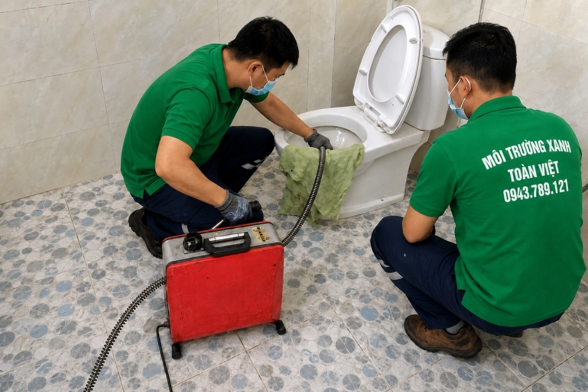 Kỹ thuật viên xử lý bồn cầu bị nghẹt bằng dây thông dài.