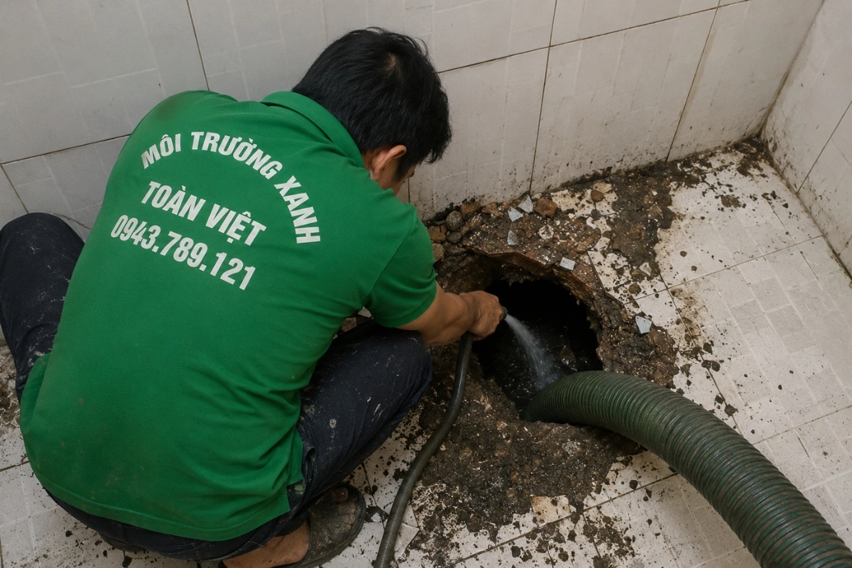 Nhân viên dịch vụ vệ sinh kéo ống hút vào nhà