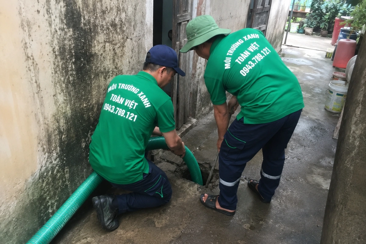 Nhân viên dịch vụ vệ sinh kéo ống hút vào nhà