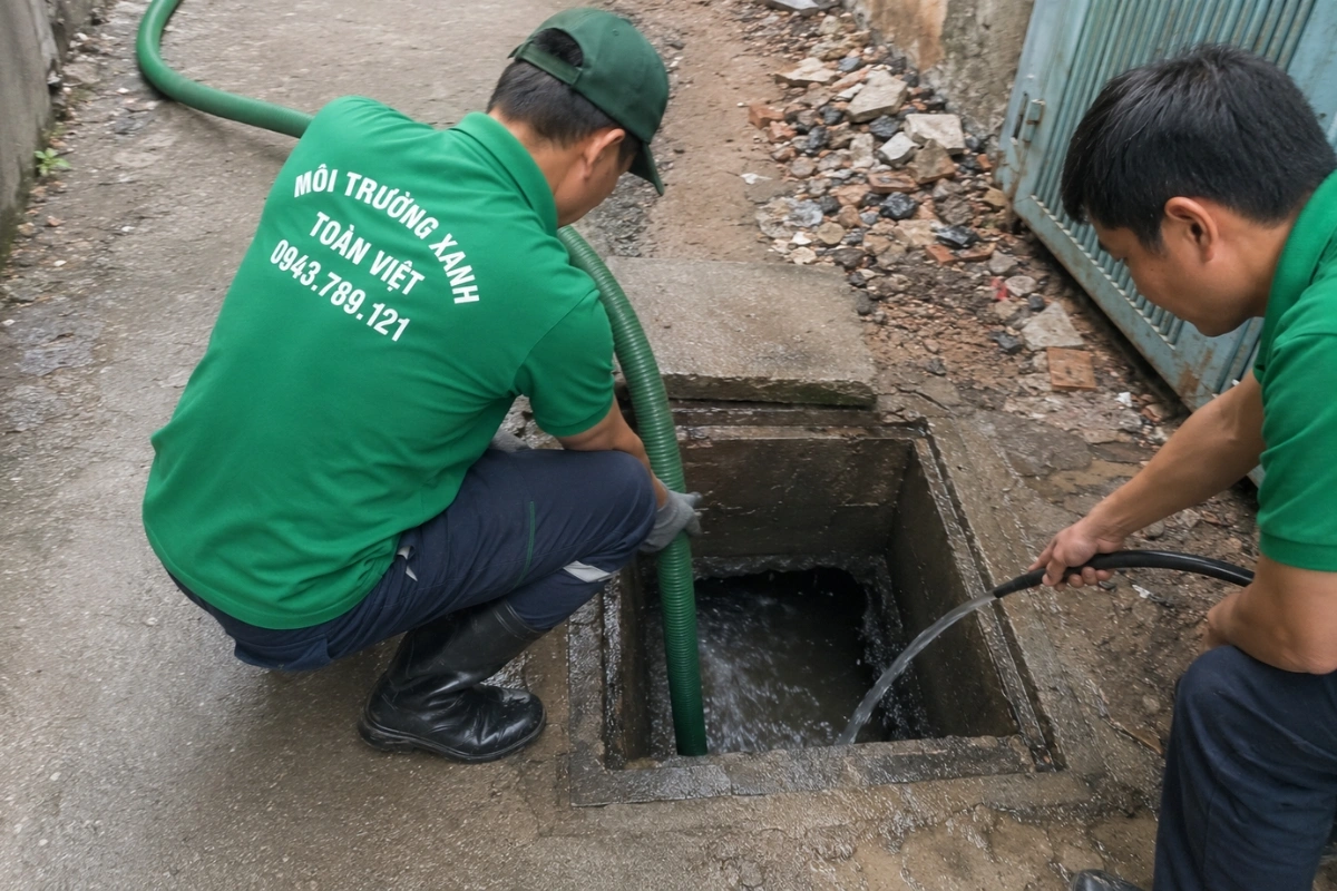 Nhân viên dịch vụ vệ sinh kéo ống hút vào nhà
