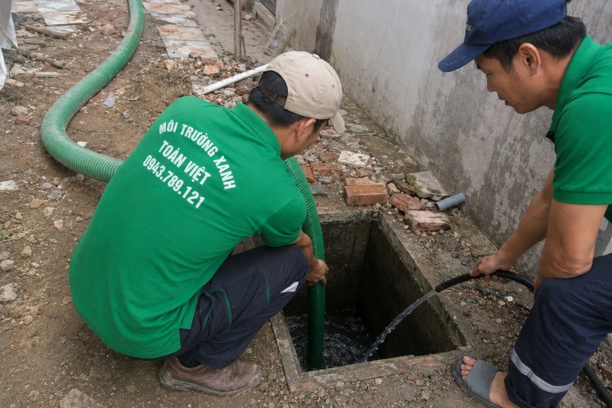 Nhân viên chuyên nghiệp thi công hút hầm cầu tại nhà
