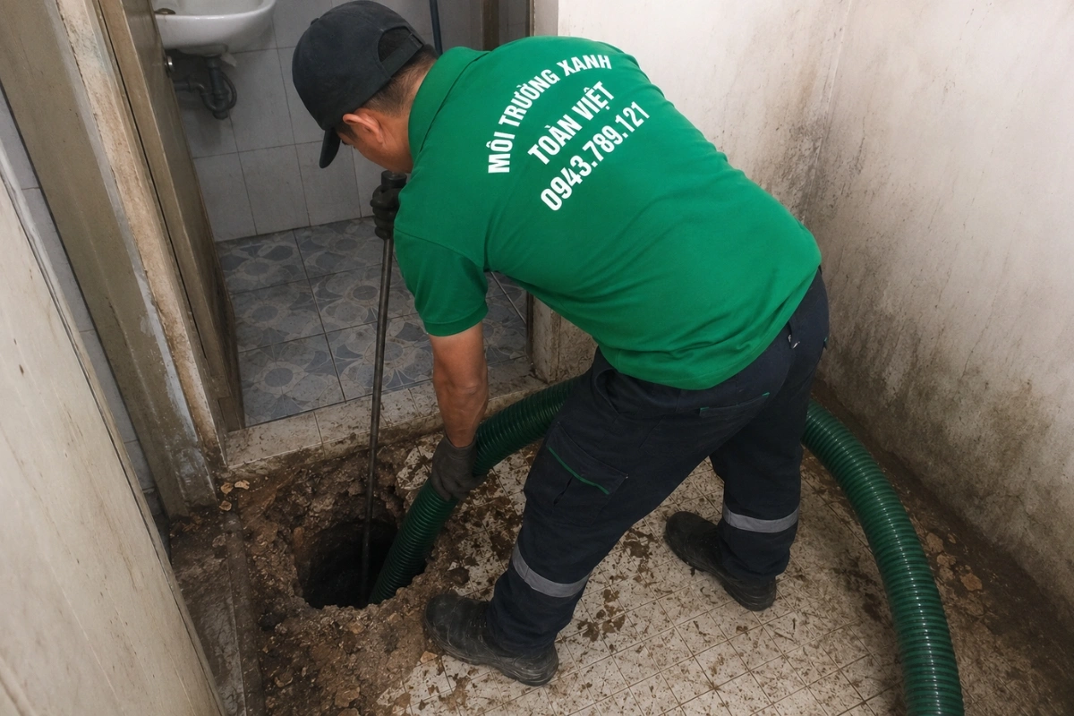 Hút Hầm Cầu Tân An 24/7, Xe Hút Vào Tận Hẻm Nhà Phố 12 Nhân viên hút hầm cầu làm việc tại nhà khách hàng