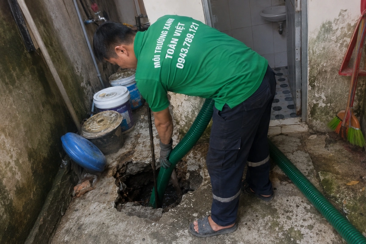 Hút Hầm Cầu Mỹ Tú, Giá Theo Khối, Thợ Tới Trong 40 Phút 12 Thợ hút hầm cầu mang thiết bị chuyên dụng vào nhà dân