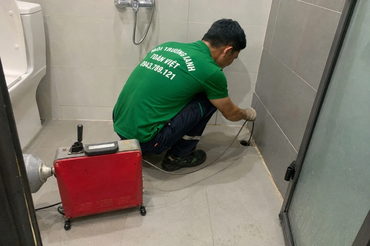 Kỹ thuật viên đang xử lý cống nghẹt bằng phương pháp cơ học.