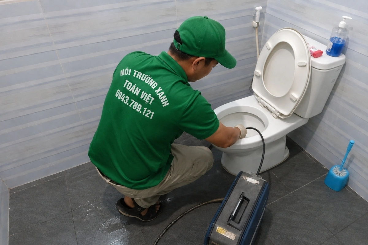 Kỹ thuật viên đang xử lý cặn bẩn gây nghẹt bồn cầu.