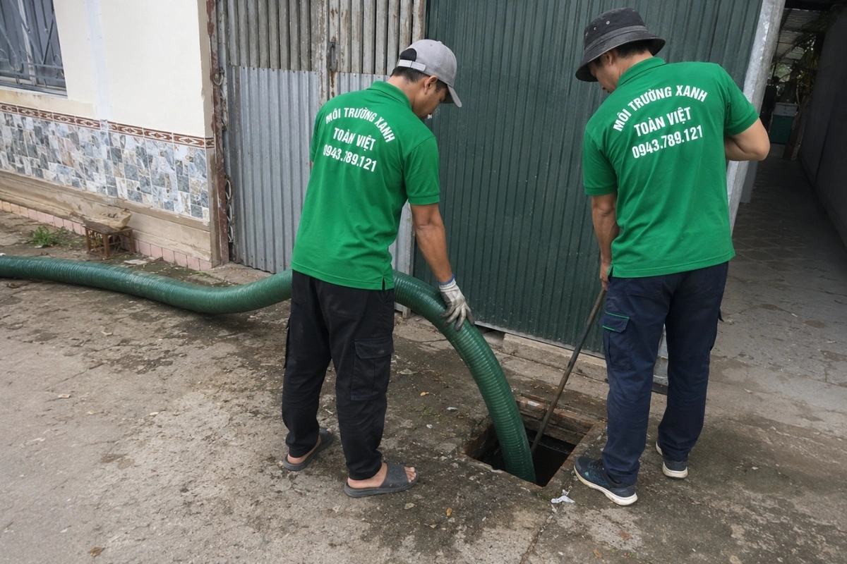 Thợ hút hầm cầu mang thiết bị chuyên dụng vào nhà dân
