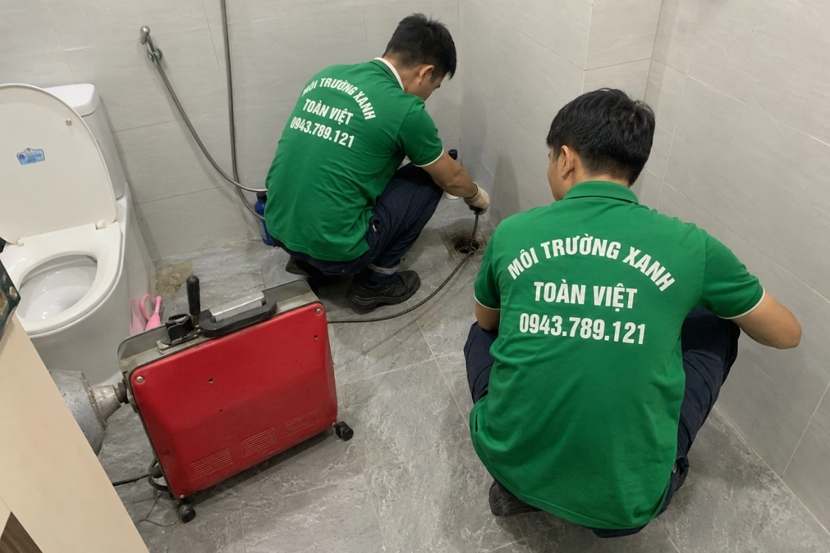 Nhân viên đang khắc phục đường ống bị tắc do chất thải.