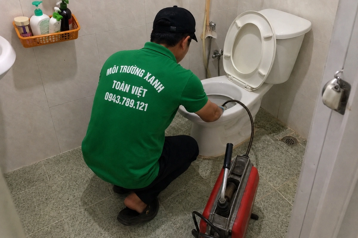 Nhân viên thông tắc bồn cầu bằng máy công suất cao.