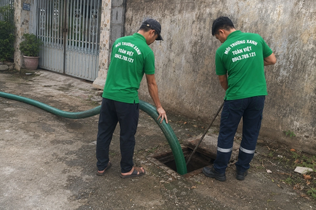 Nhân viên đang triển khai đường ống hút hầm cầu