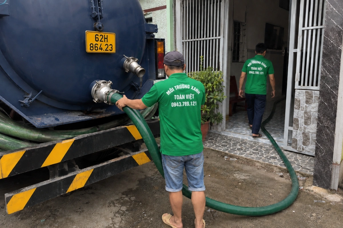 Nhân viên Môi Trường Xanh Toàn Việt đến hút hầm cầu tận nơi