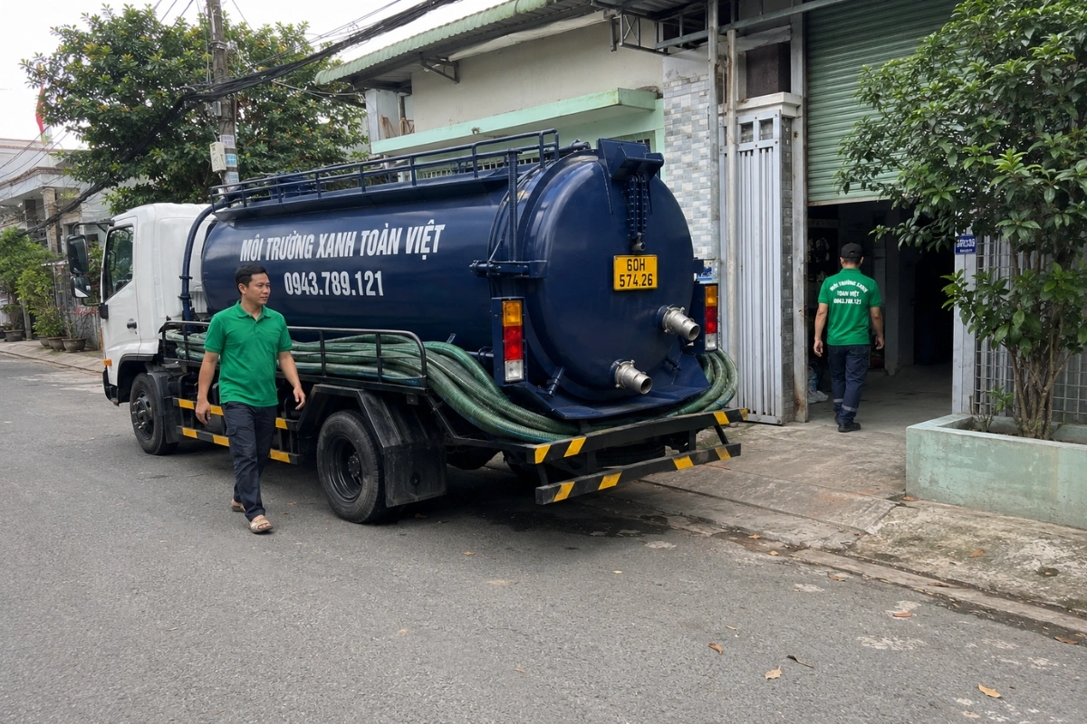 Nhân viên triển khai dịch vụ hút hầm cầu tại nhà dân