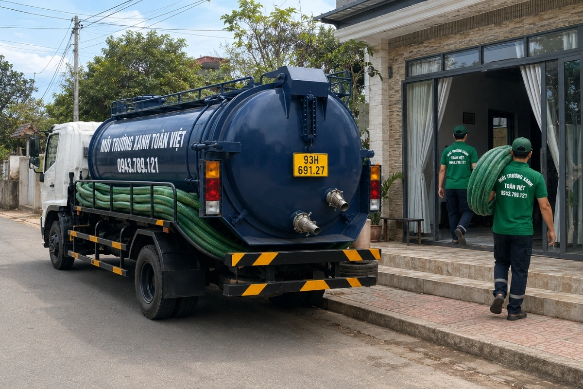 Xe bồn hút hầm cầu đậu trước nhà khách hàng