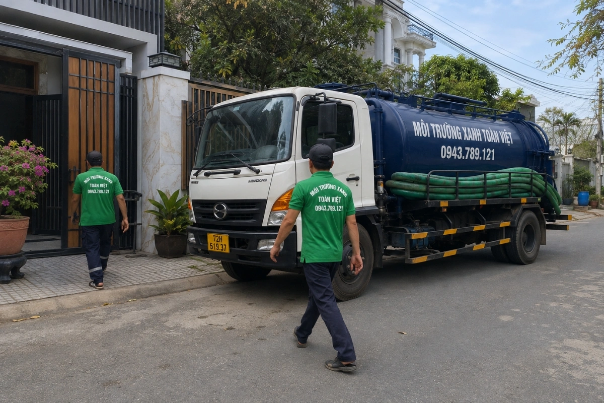 Xe hút hầm cầu màu xanh cùng đội ngũ kỹ thuật