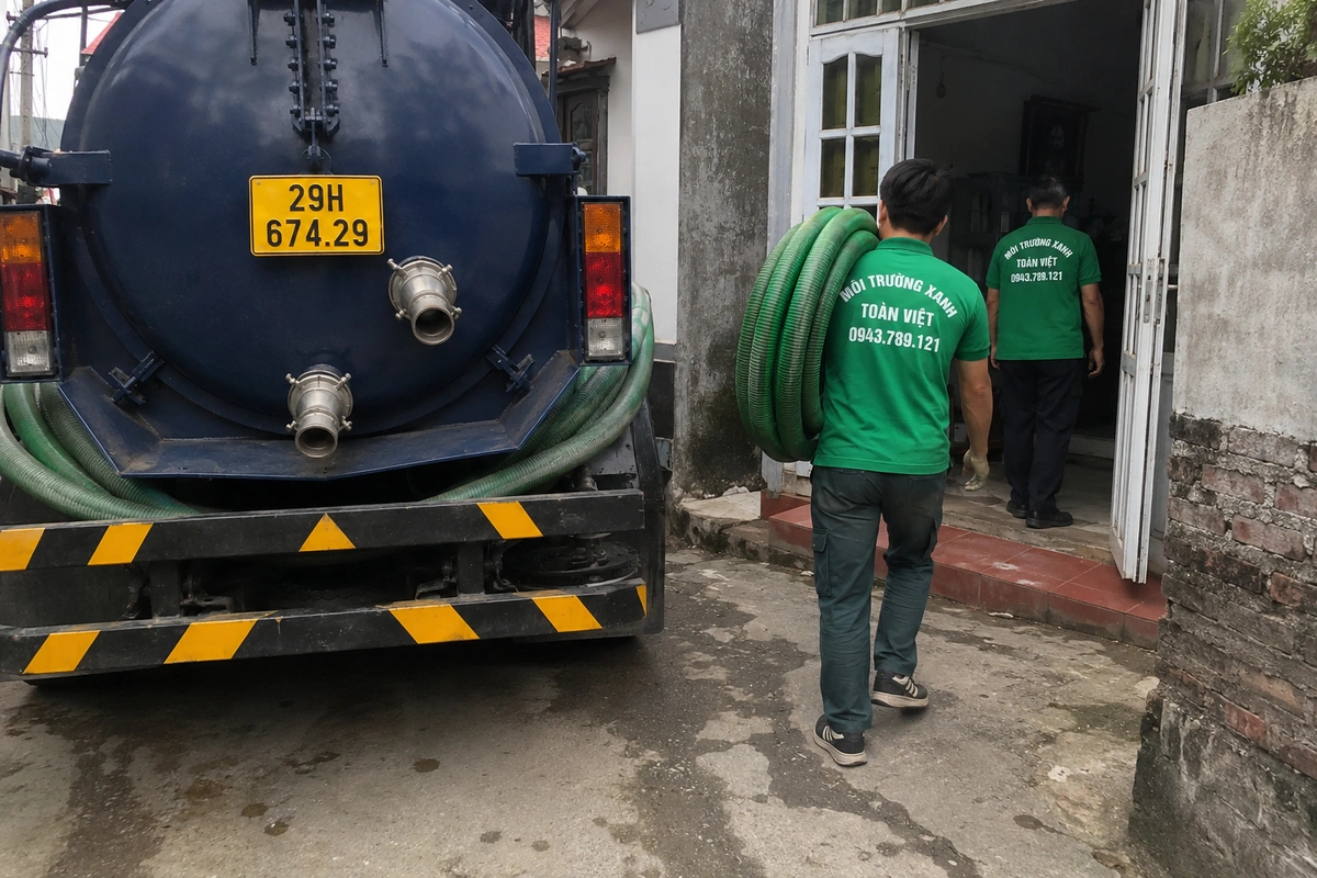 Xe bồn hút hầm cầu đậu gần nhà khách hàng