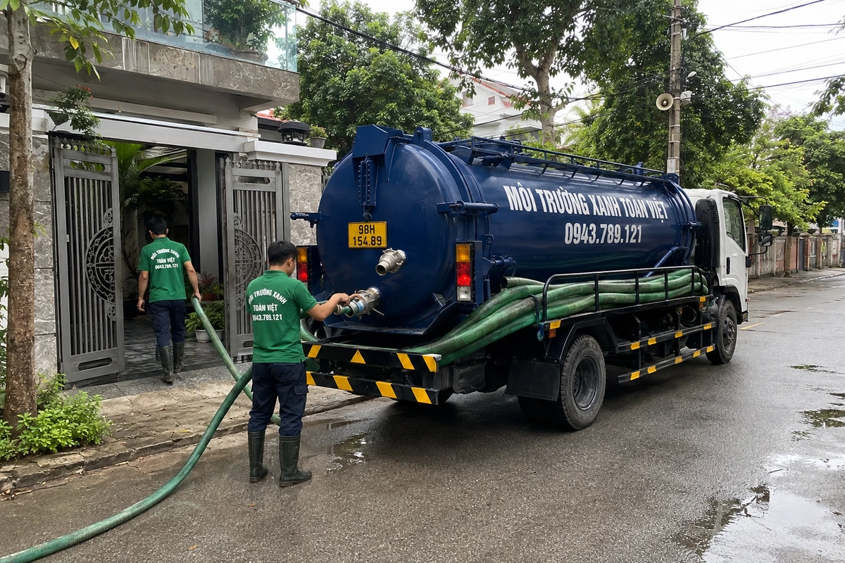 Nhân viên mặc đồng phục xanh cạnh xe hút chất thải