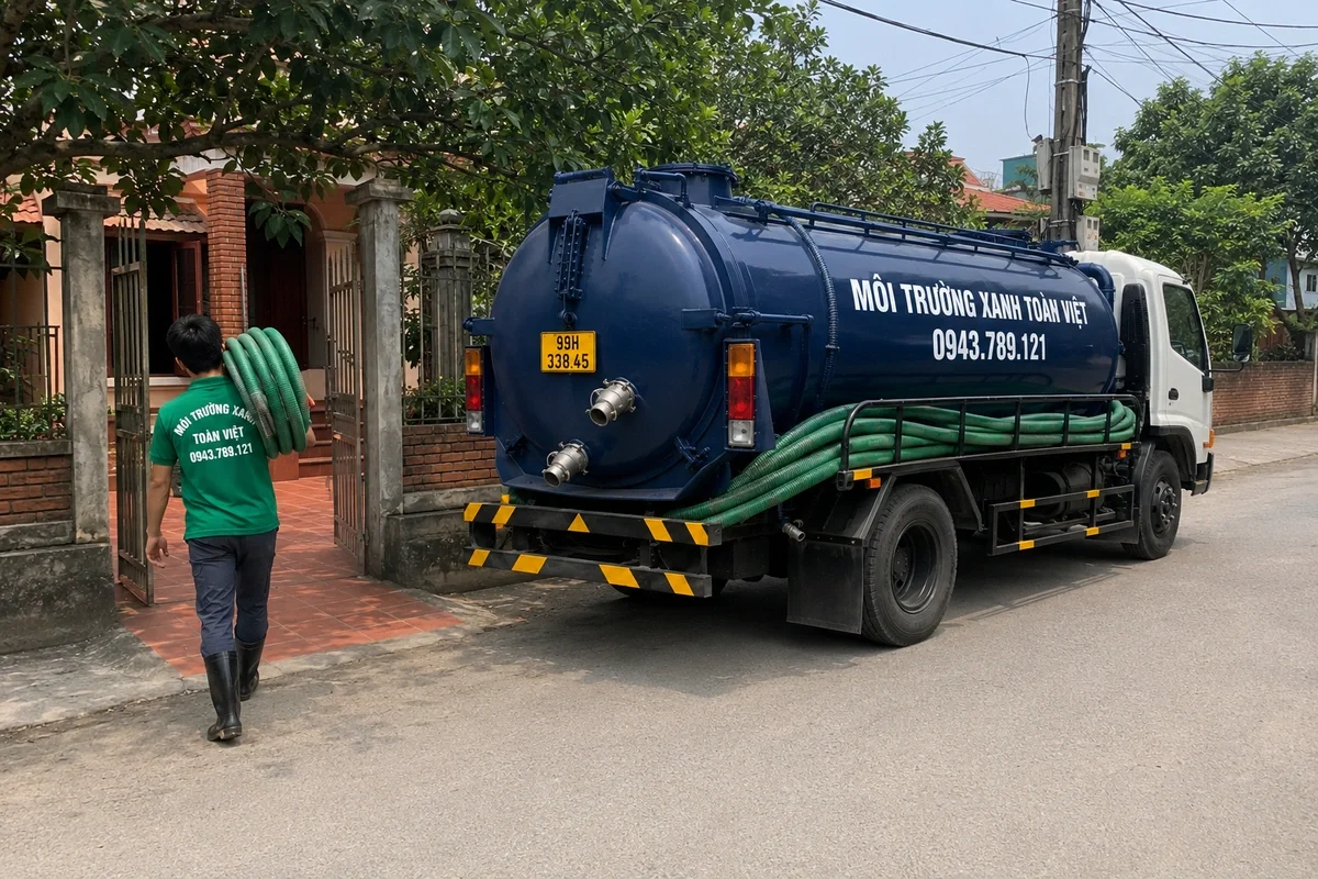 Xe hút hầm cầu cùng nhân viên đang tiếp cận cổng nhà