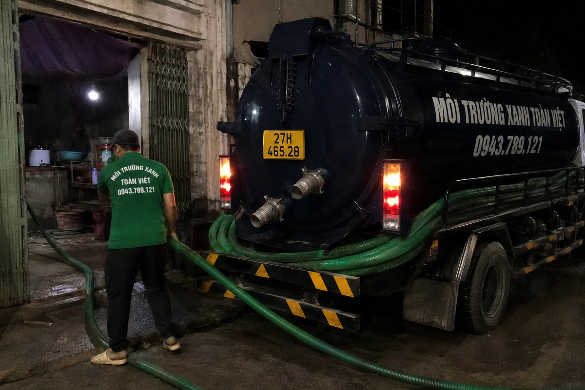 Xe bồn hút hầm cầu đậu gần nhà khách hàng
