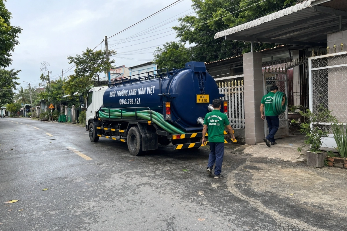 Hút Hầm Cầu Mỹ Tú, Giá Theo Khối, Thợ Tới Trong 40 Phút 11 Xe hút hầm cầu màu xanh cùng đội ngũ kỹ thuật
