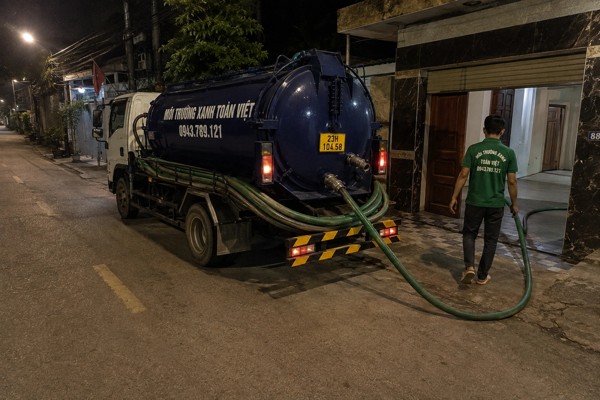 Xe hút hầm cầu đến tận khu vực nhà khách hàng