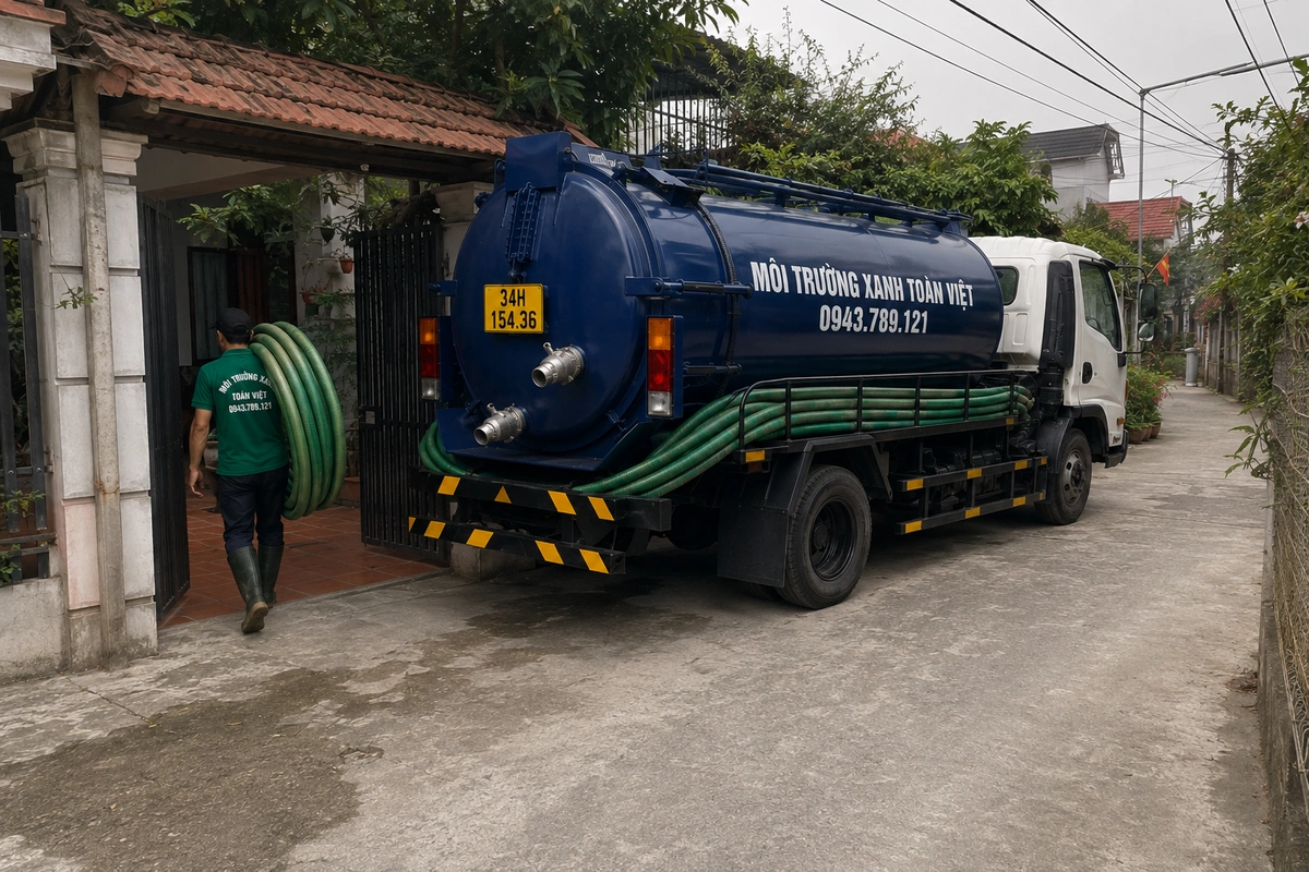 Hút Bể Phốt Tại Hải Dương | Nghiệm Thu Rõ | Xanh Toàn Việt 10 Xe hút hầm cầu đậu gần cổng nhà trong khu dân cư