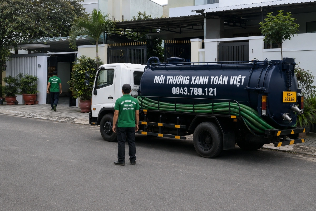 Hút Hầm Cầu Vĩnh Long: Khảo Sát Nhà Ở, Quán Ăn Và Nhà Xưởng 9 Xe hút hầm cầu màu xanh cùng đội ngũ kỹ thuật