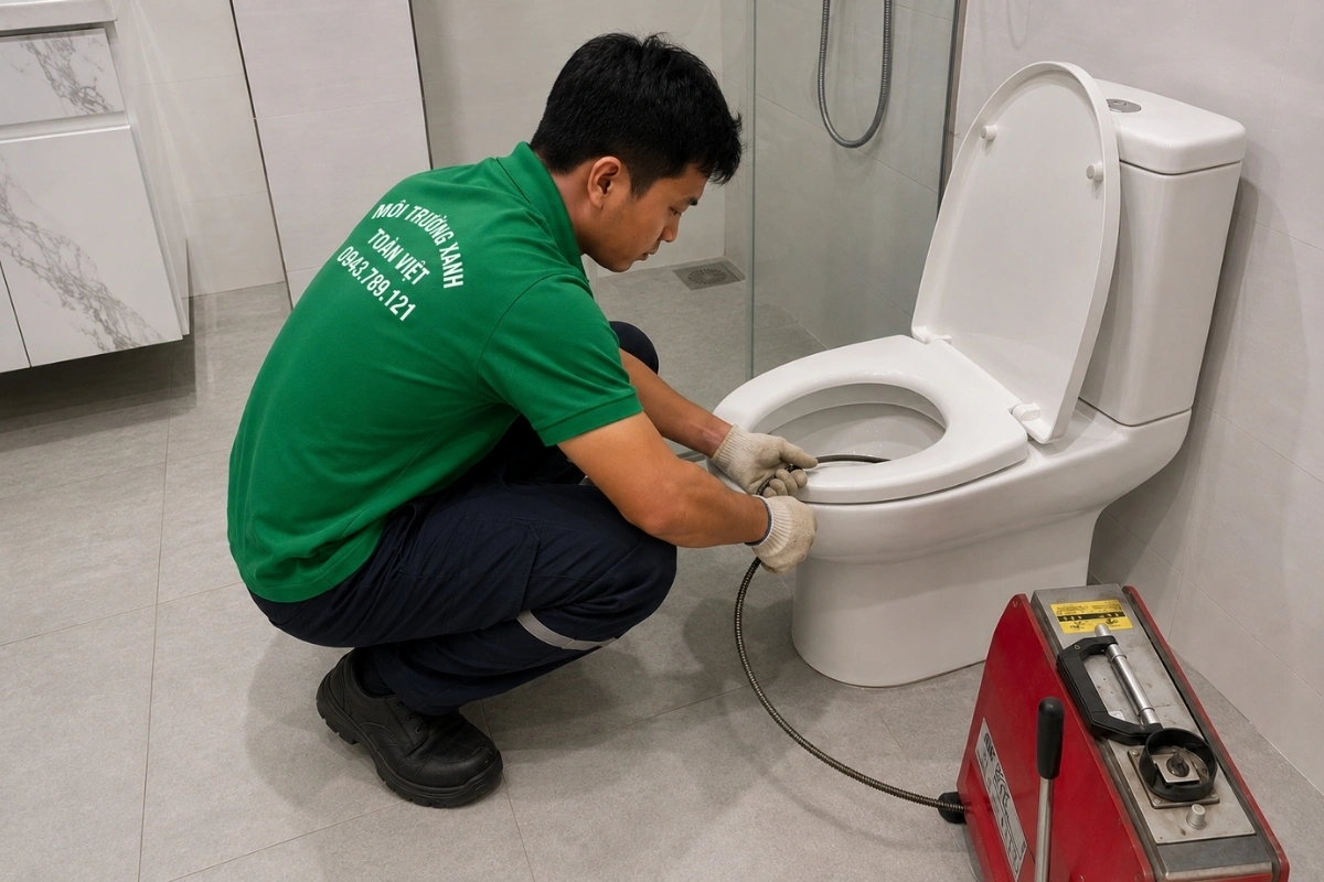 Kỹ thuật viên đang khơi thông đường thoát của bồn cầu.