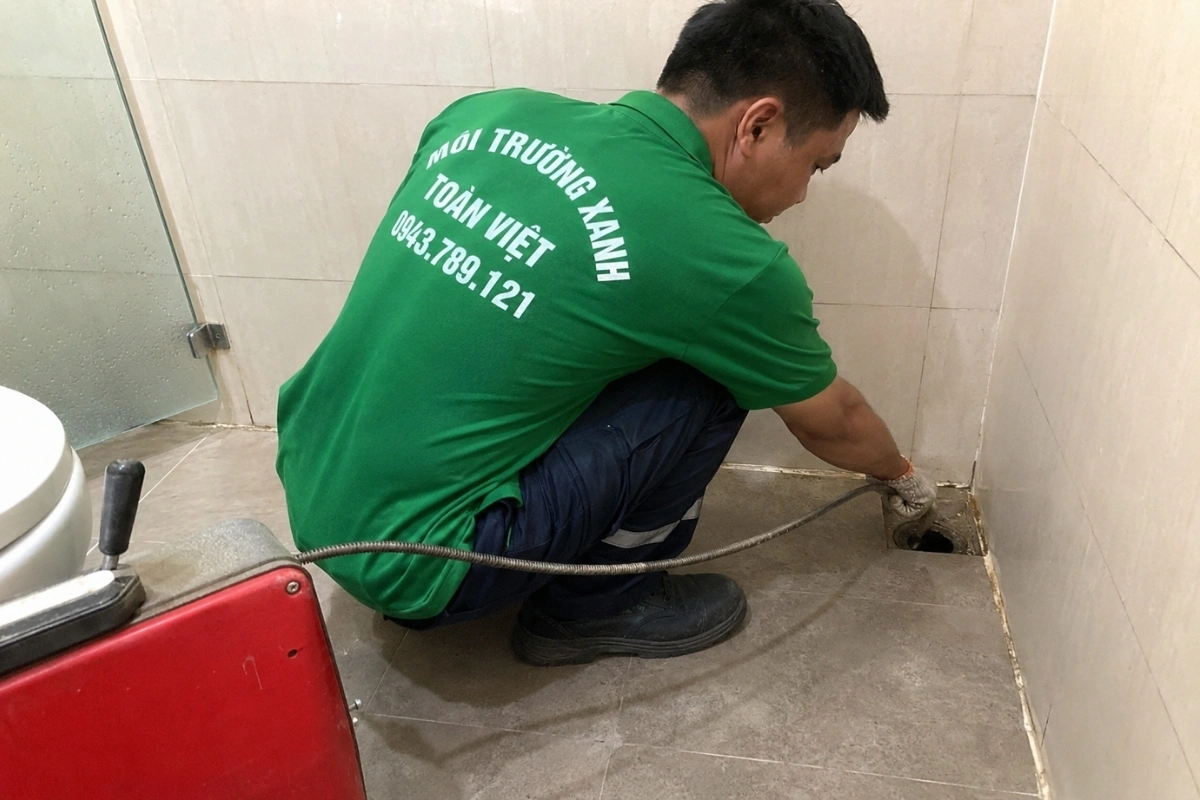 Người thợ đang thao tác tại đầu đường ống với máy thông tắc.