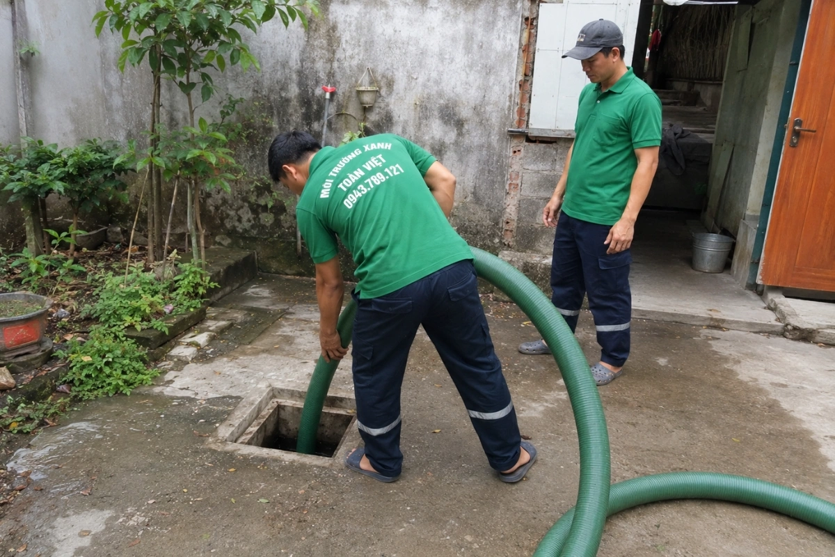 Hút Hầm Cầu Bình Tân Vĩnh Long 24/7, Xe Tới Tân Quới 8 Thợ môi trường mang ống hút hầm cầu vào nhà dân