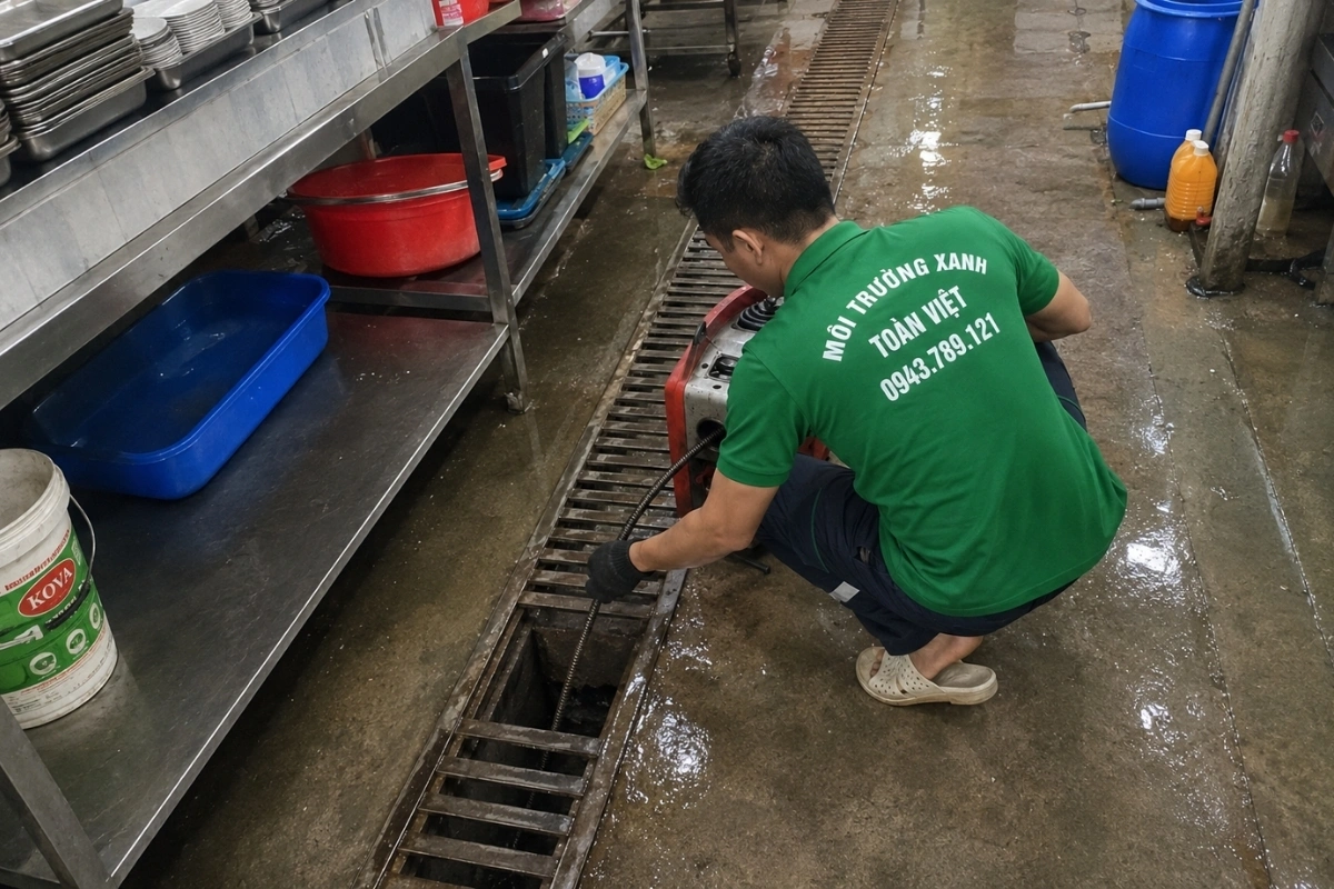 Đội ngũ nhân viên đang thi công xử lý hệ thống thoát nước.
