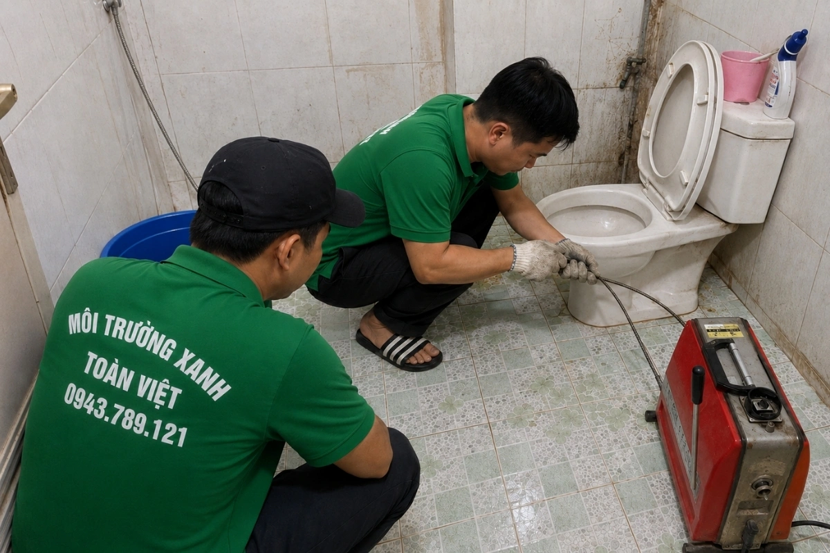Thông Bồn Cầu Tân Phước Nghẹt, Có Thợ Trong 30 Phút 12 Nhân viên đang xử lý bồn cầu nghẹt bằng thiết bị cơ giới.