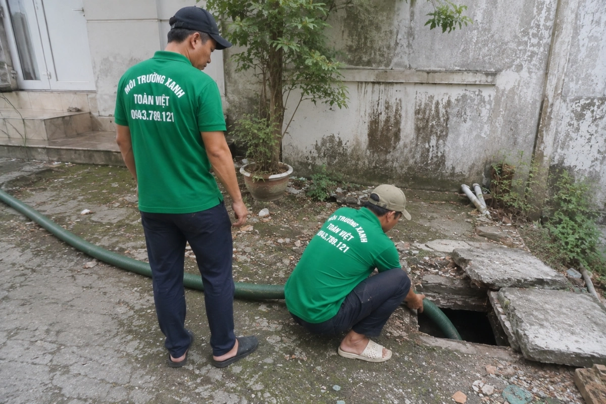 Nhân viên kỹ thuật chuẩn bị hút hầm cầu cho khách hàng
