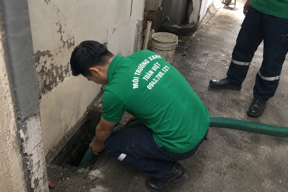 Hút Hầm Cầu Trần Đề, Giá Theo Khối, Thợ Tới Trong 30 Phút 8 Nhân viên kéo ống hút hầm cầu màu xanh vào nhà