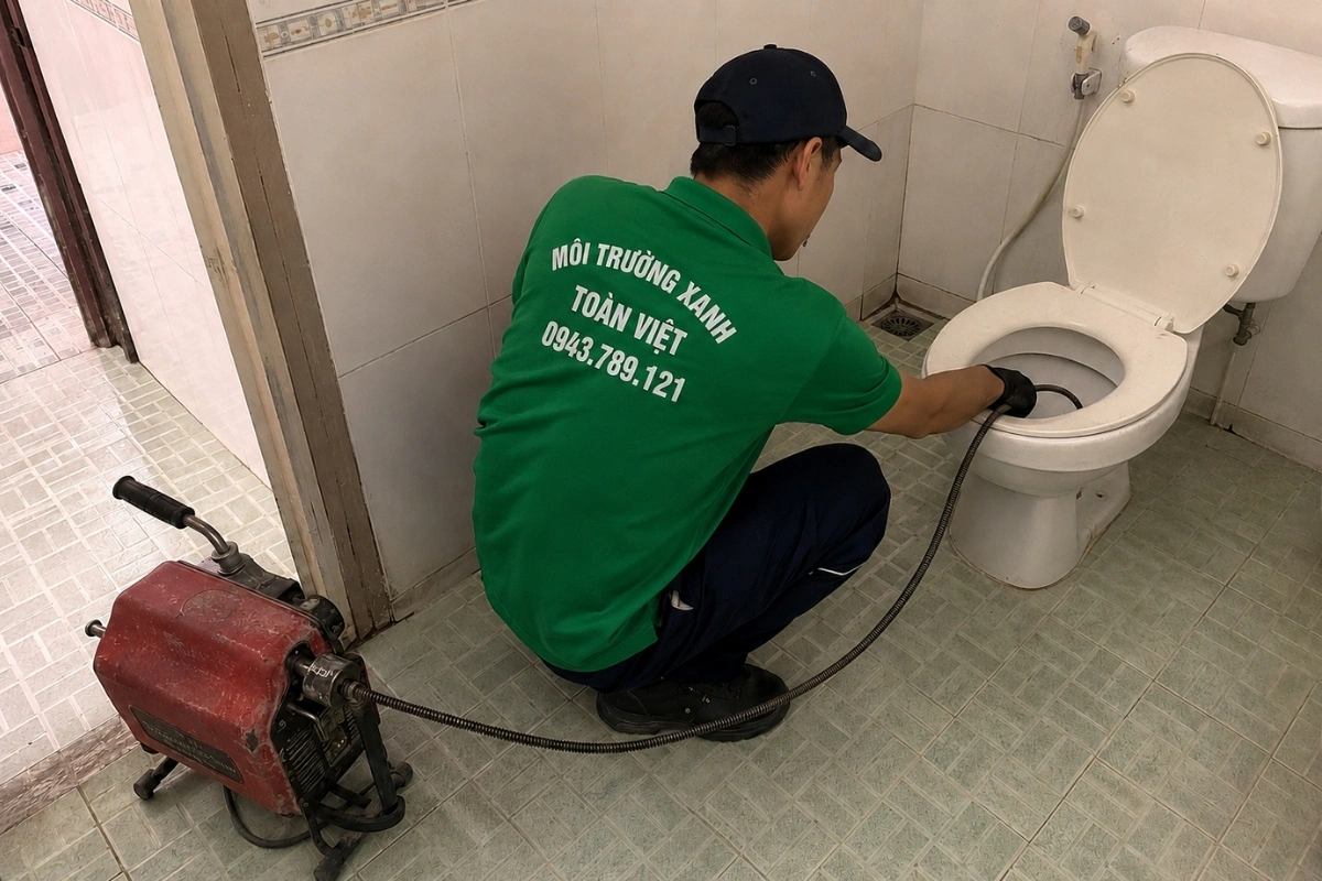 Kỹ thuật viên đang làm sạch đường xả bồn cầu bằng dây xoắn.