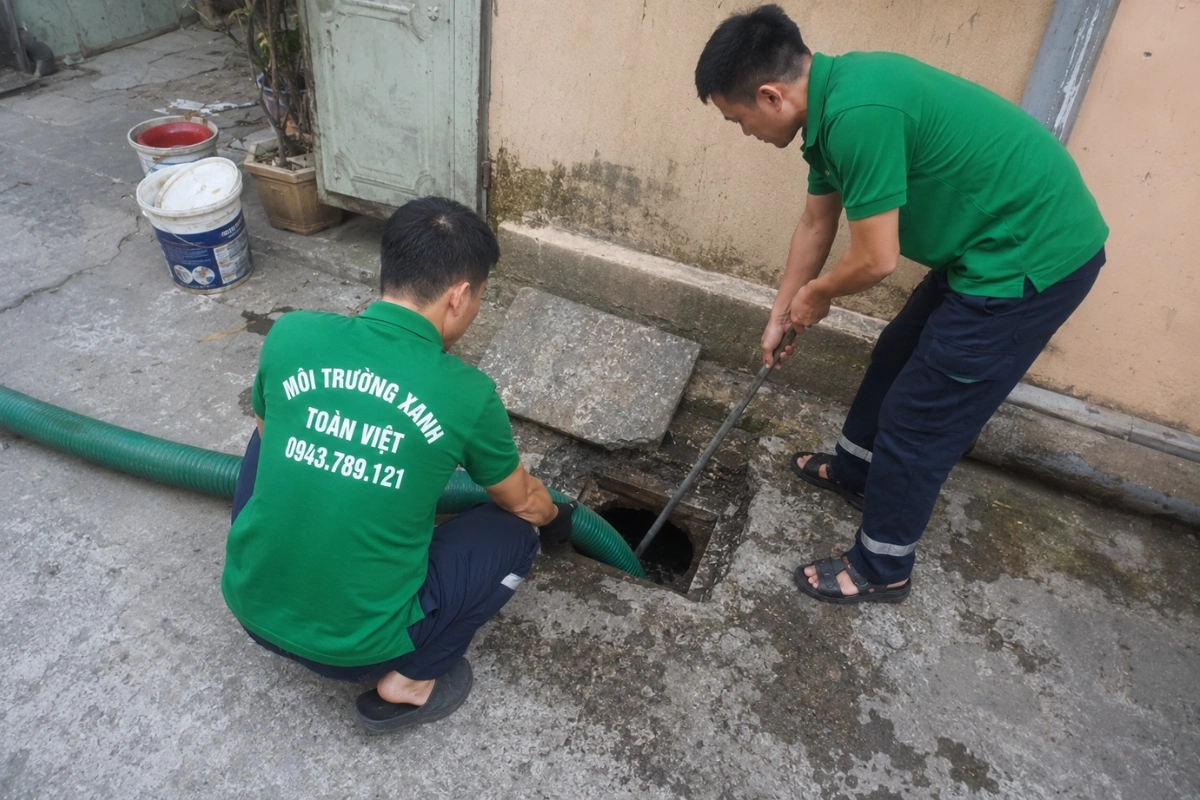 Nhân viên hút hầm cầu đưa ống vào khu vực phía sau nhà