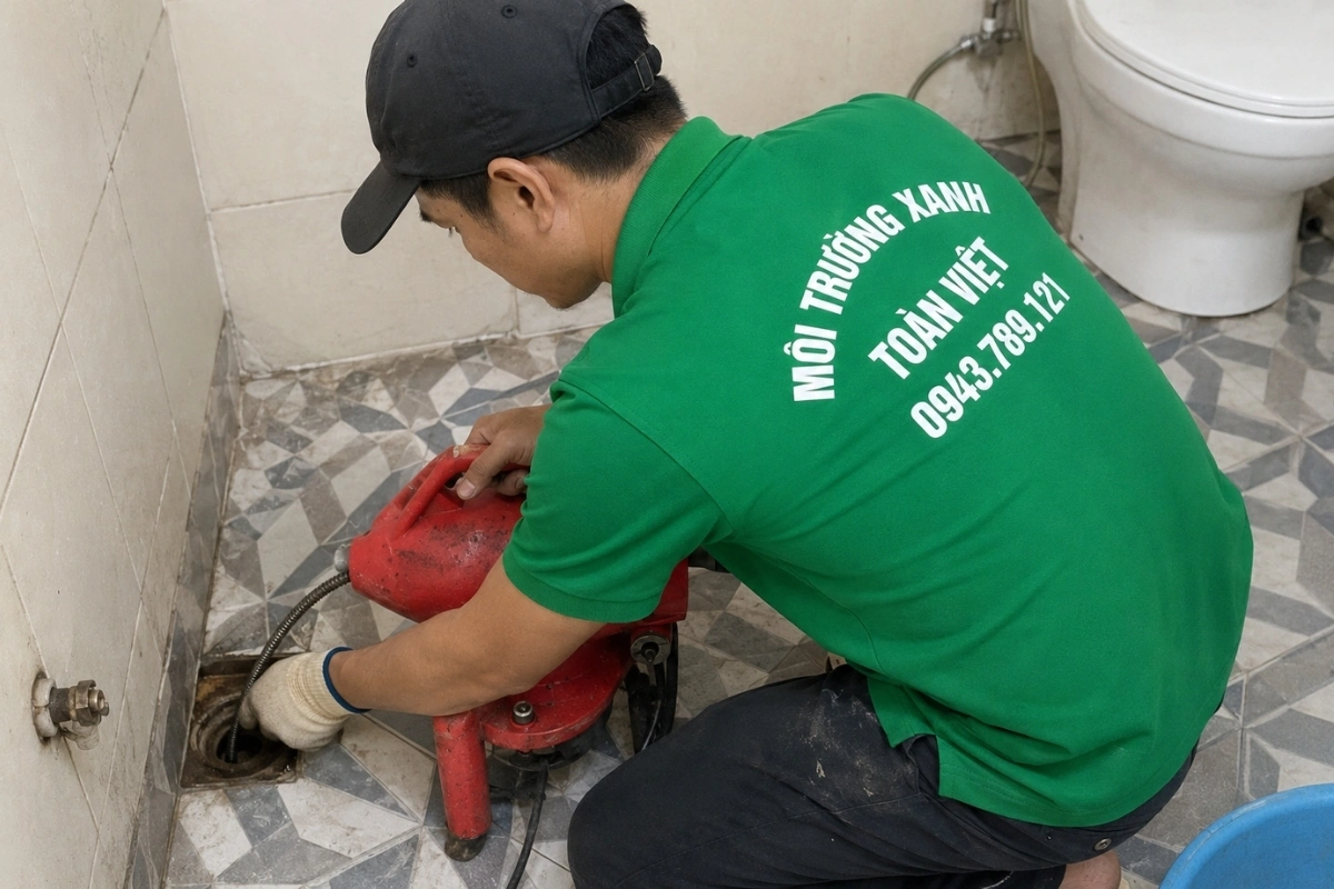 Kỹ thuật viên đang xử lý sự cố cống không thoát nước.
