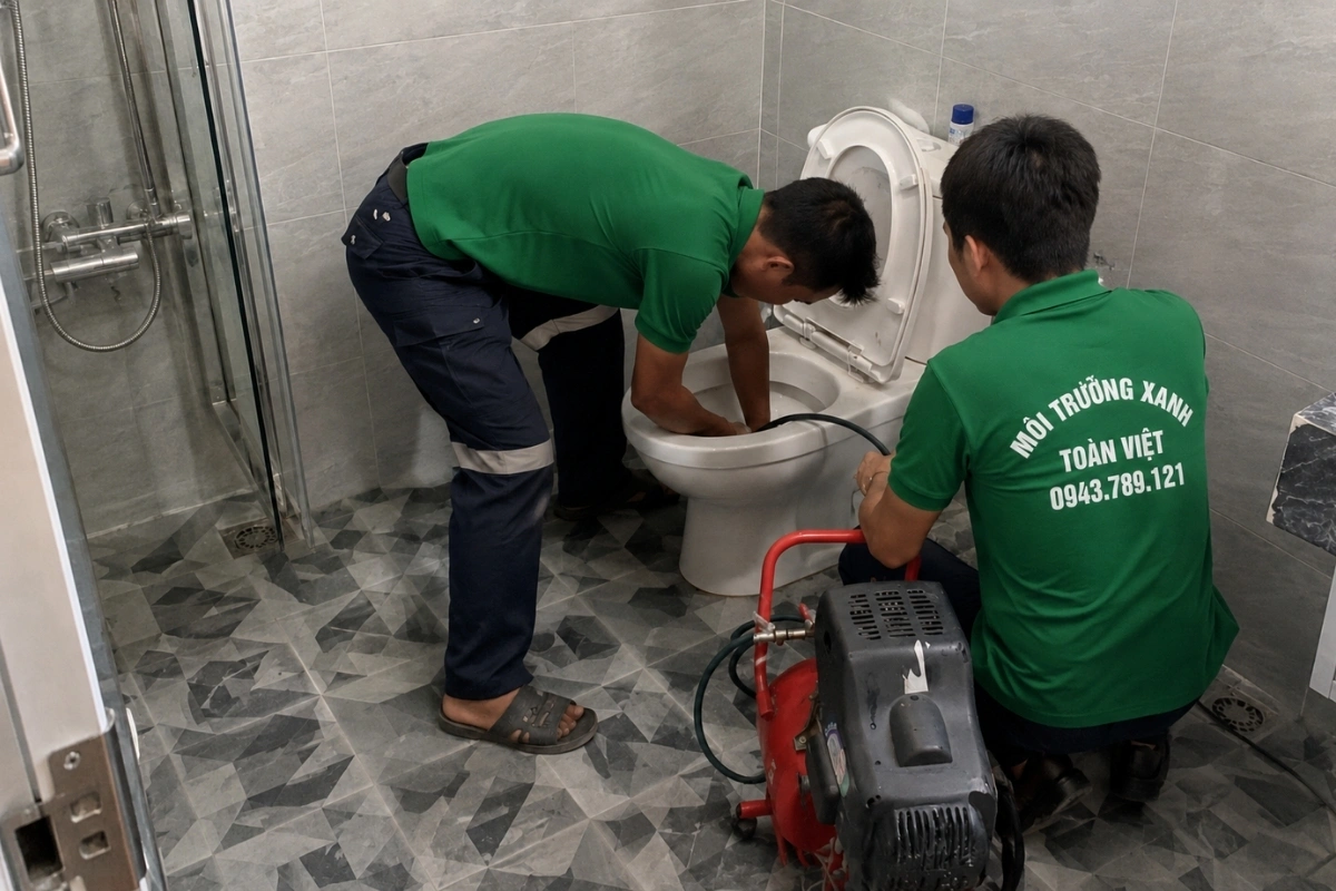 Thông Bồn Cầu Bến Lức 24/7, Thợ Tới Tận Khu Trọ, Quán Ăn 11 Nhân viên đang khắc phục bồn cầu xả nước không xuống.