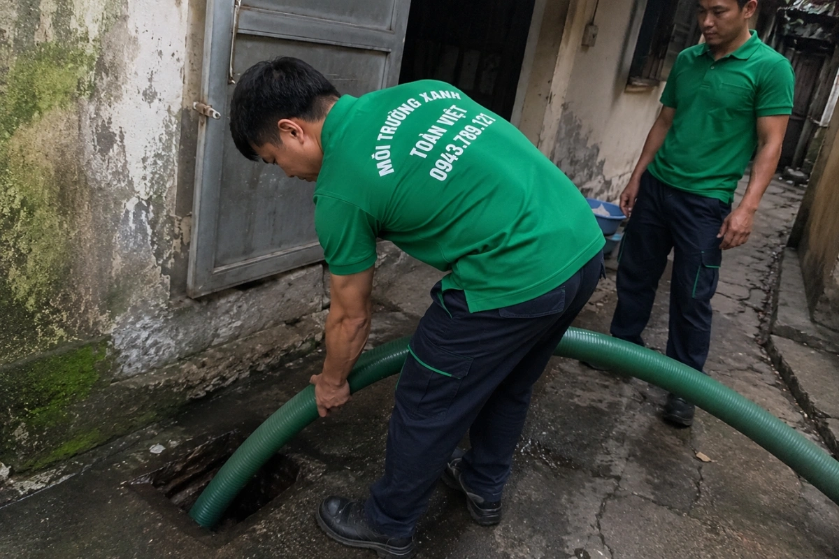 Nhân viên hút hầm cầu đưa ống vào khu vực phía sau nhà