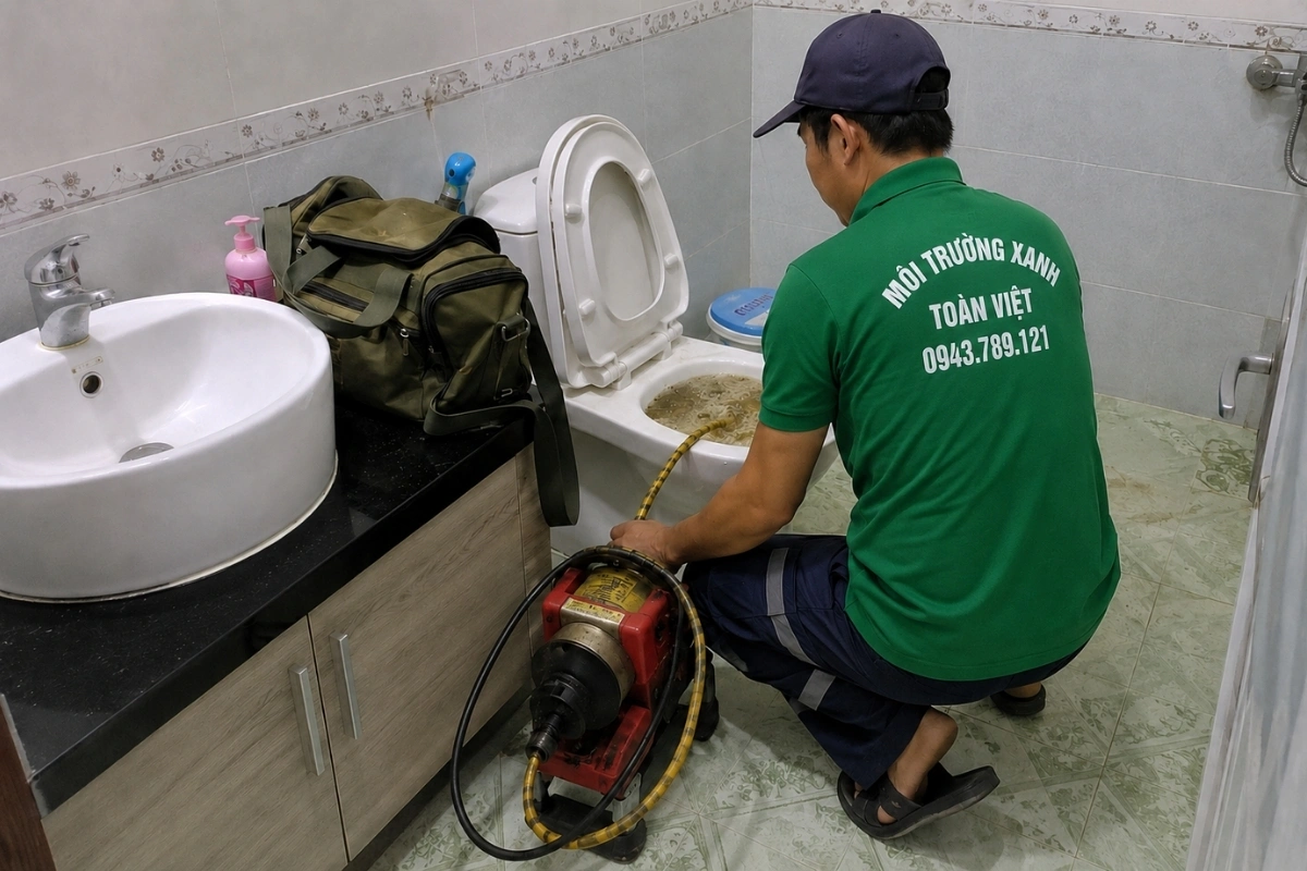 Kỹ thuật viên sử dụng dây kim loại để thông tắc bồn cầu.