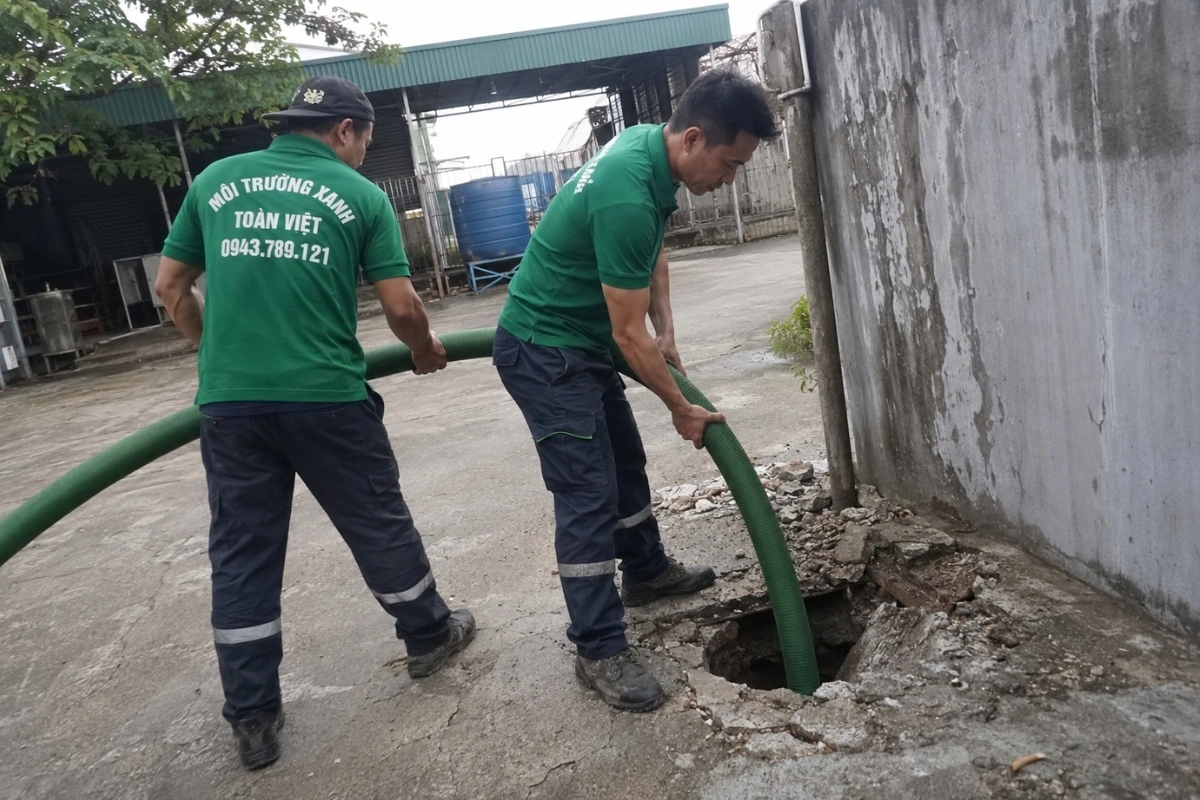 Hút Hầm Cầu Thới Lai – 4 Tình Huống Khó Vẫn Có Xe Xử Lý 10 Nhân viên hút hầm cầu thi công trong khu vực nhà ở