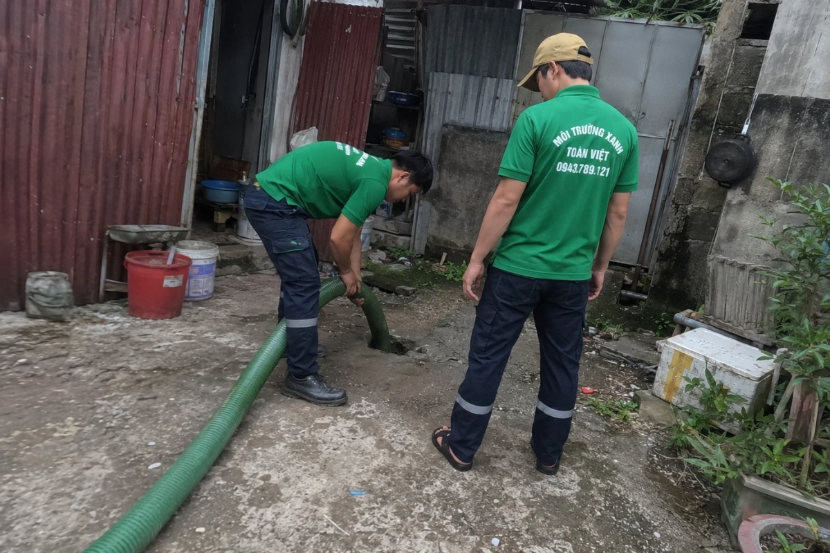 Nhân viên hút hầm cầu thi công trong khu vực nhà ở