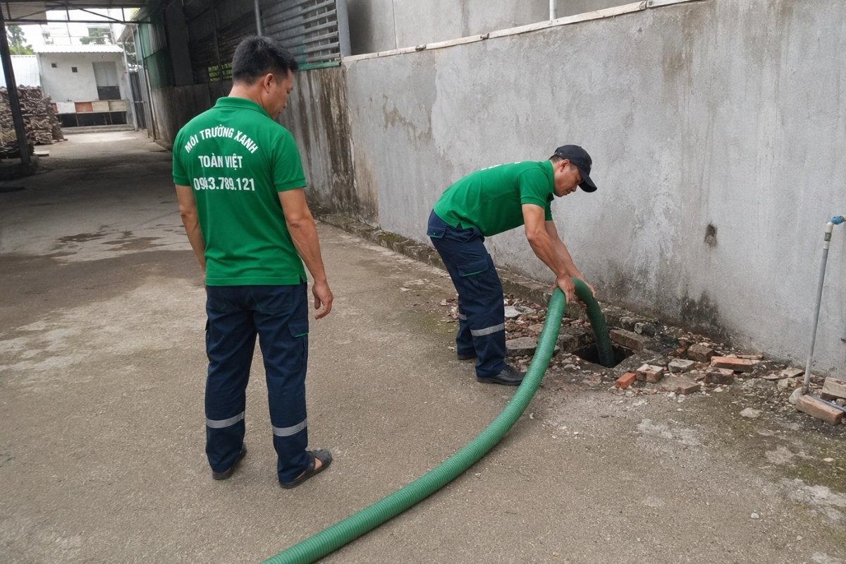 Thợ hút hầm cầu kéo ống xanh vào nhà khách hàng