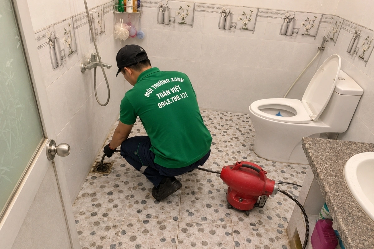 Hai nhân viên đang hỗ trợ nhau trong quá trình thông cống.