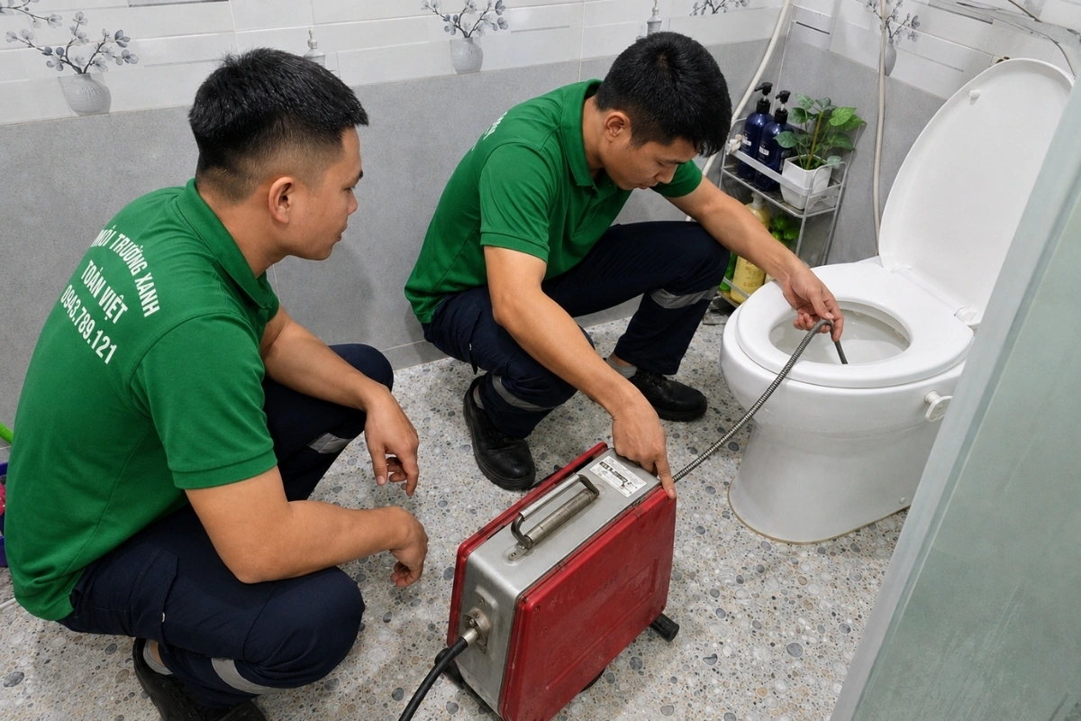 Nhân viên đang thông bồn cầu tại khu vực nhà vệ sinh.