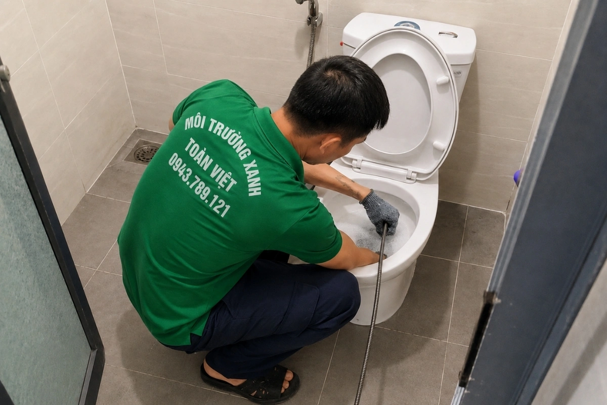 Nhân viên đang xử lý chất thải gây tắc đường ống bồn cầu.