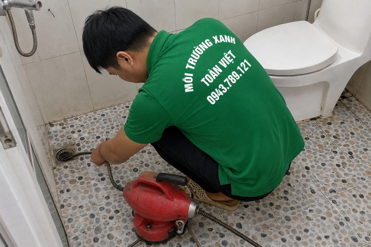 Kỹ thuật viên đang xử lý cặn dầu mỡ trong đường ống.