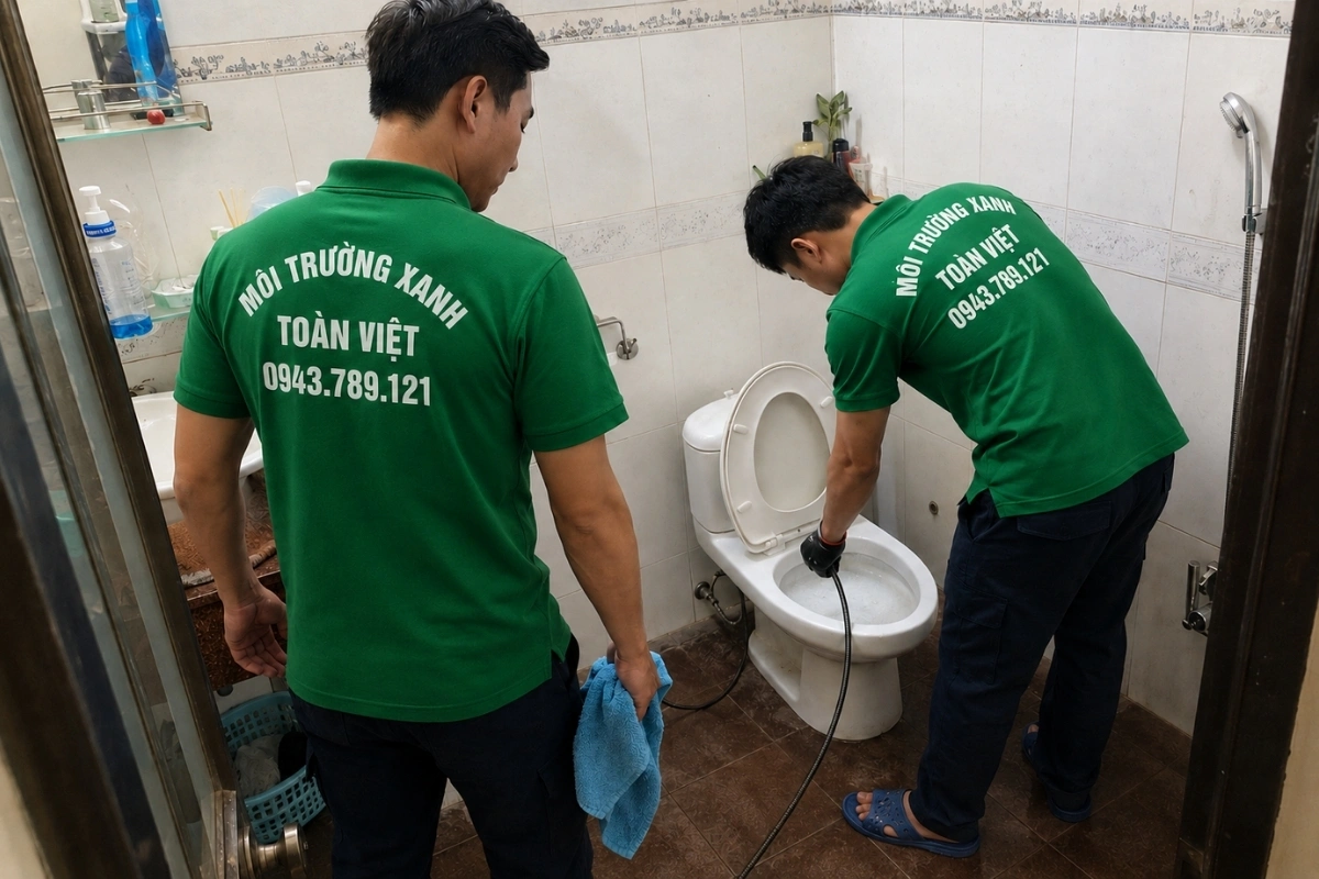 Kỹ thuật viên thông bồn cầu bằng máy điện chuyên dụng.