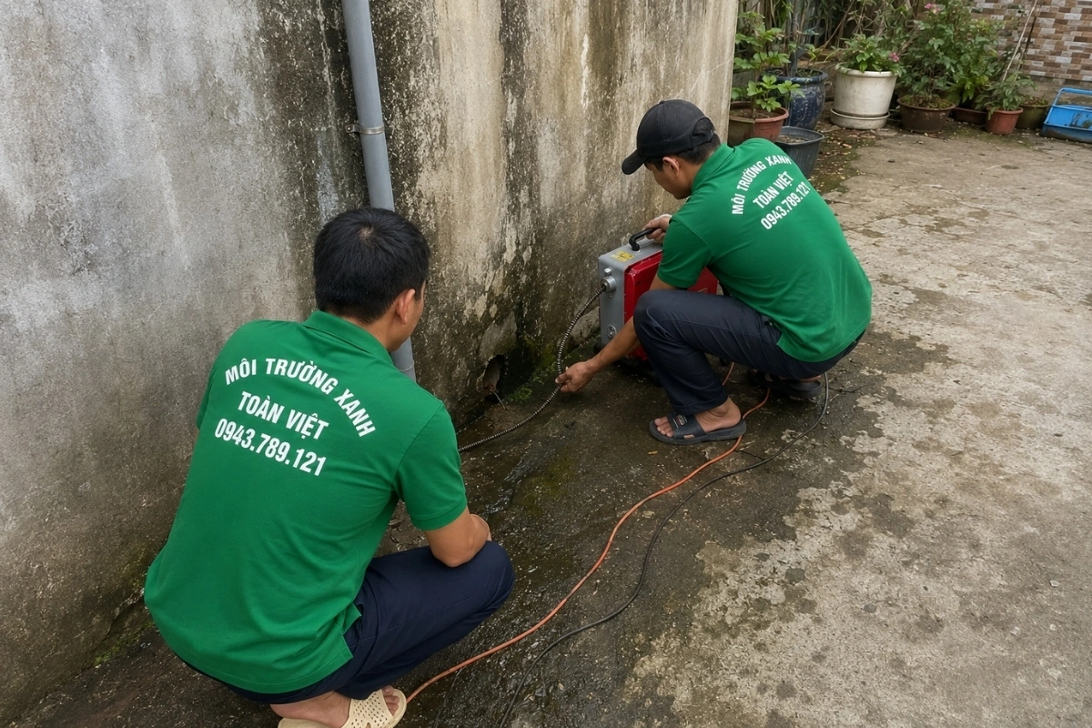 Nhân viên đang thực hiện dịch vụ làm sạch cống thoát nước.
