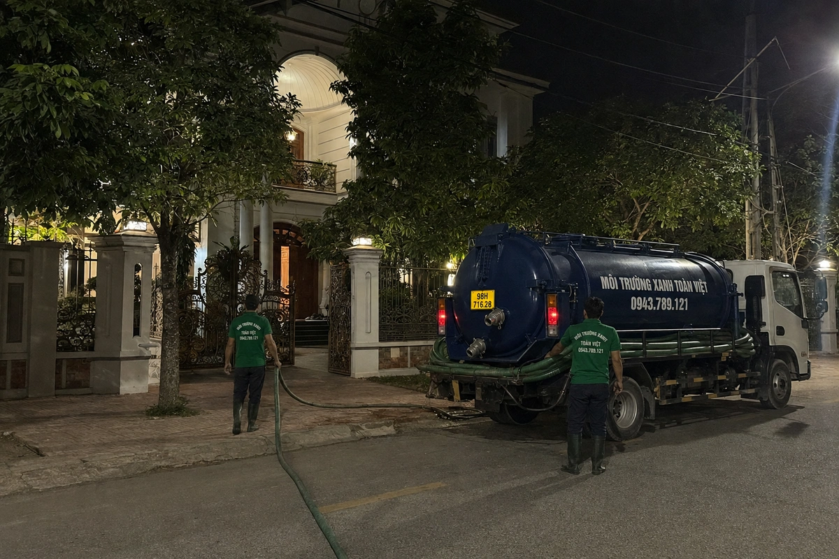 Xe hút hầm cầu và đội kỹ thuật có mặt tại hộ dân