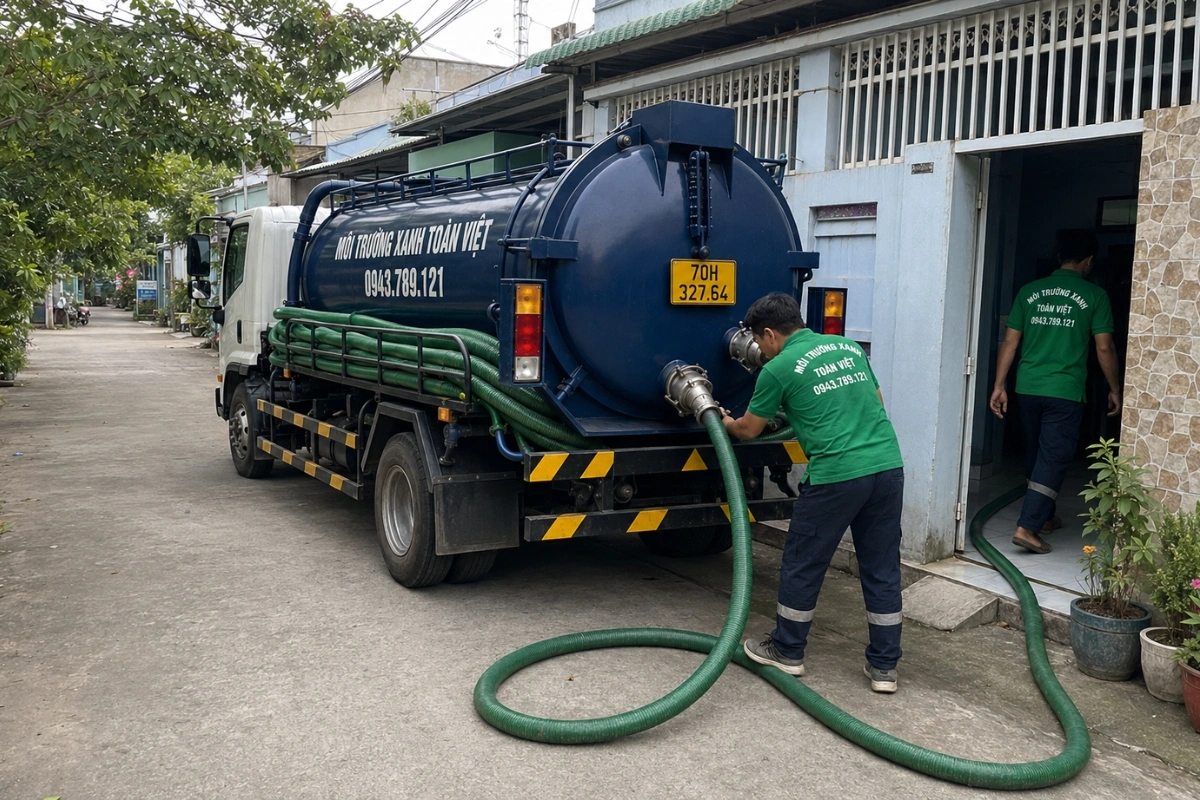 Đội ngũ hút hầm cầu Môi Trường Xanh Toàn Việt đang làm việc