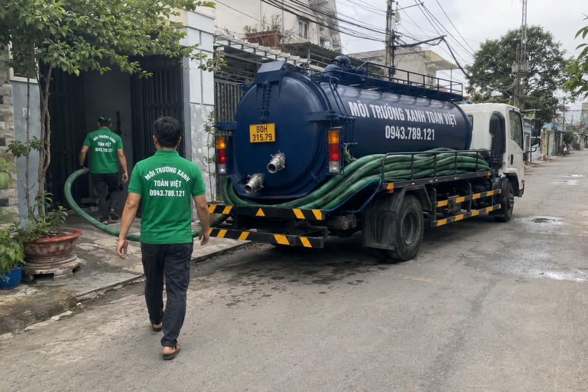 Hút Hầm Cầu Biên Hòa 24/7, Xe Nhỏ Vô Hẻm, Chốt Giá Theo Khối 7 Xe hút hầm cầu màu xanh cùng đội ngũ kỹ thuật